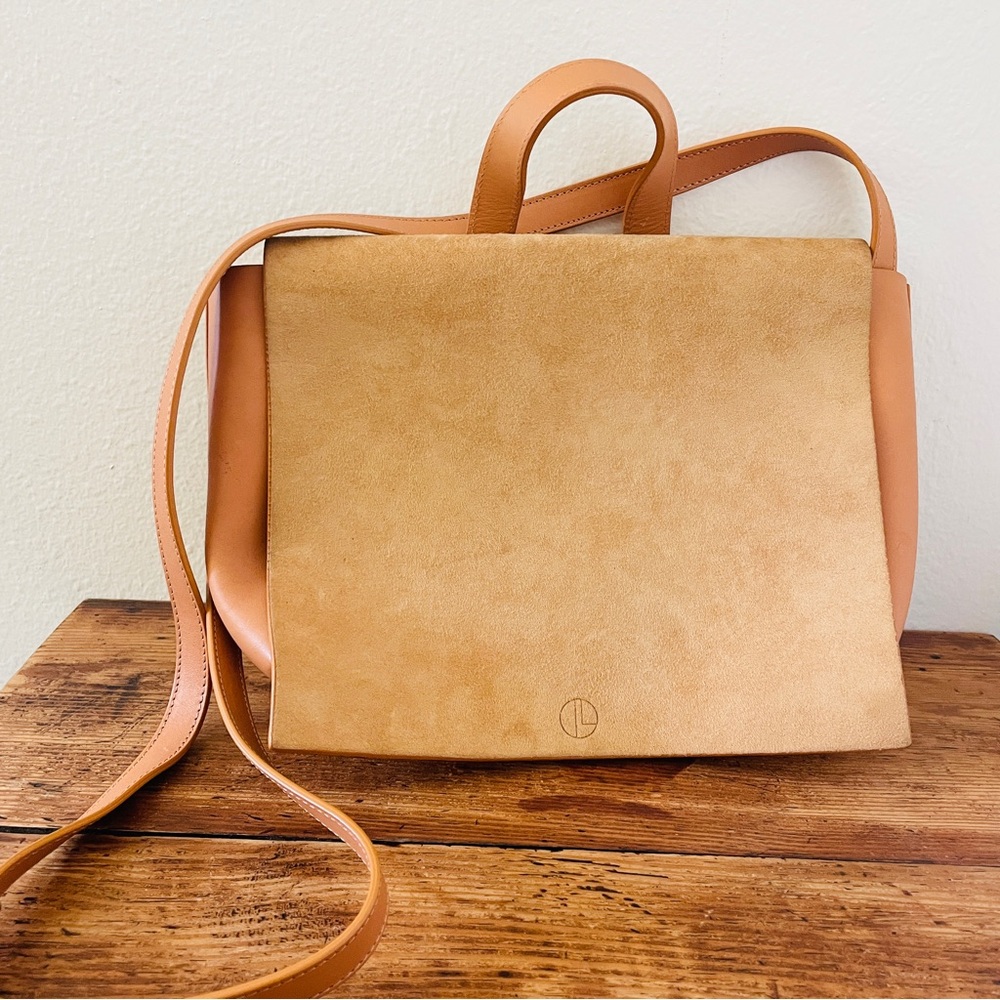 Janessa Leone Joan Suede & Leather Crossbody Satchel Bag -Camel Nude/ Tan Peach